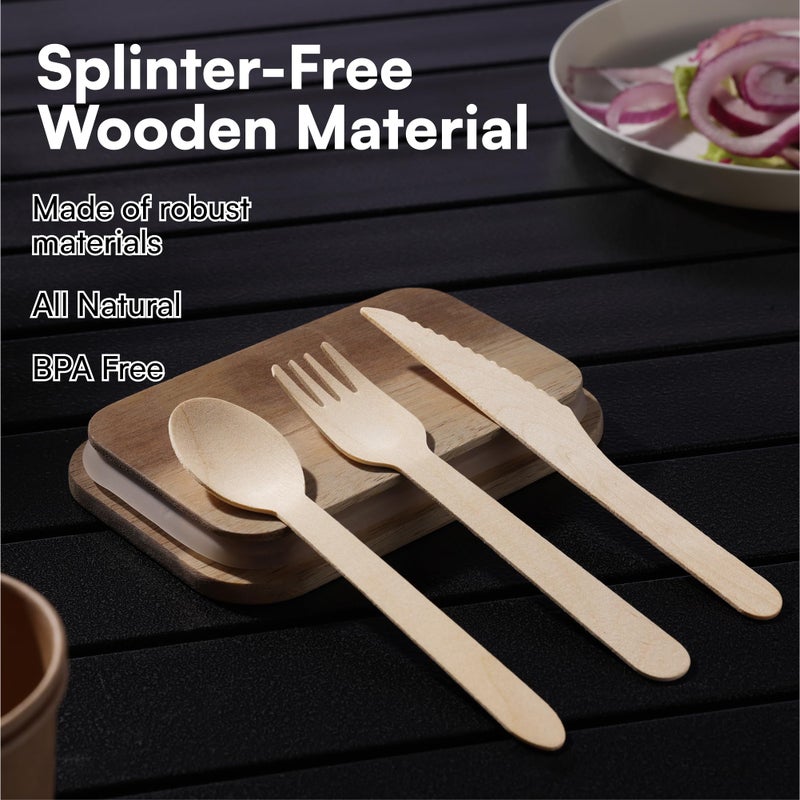 H&S 150pcs Wooden Cutlery Set Disposable Biodegradable Wood Eco Friendly for Picnic Party - 50 Forks, 50 Knives, 50 Spoons - Image 4